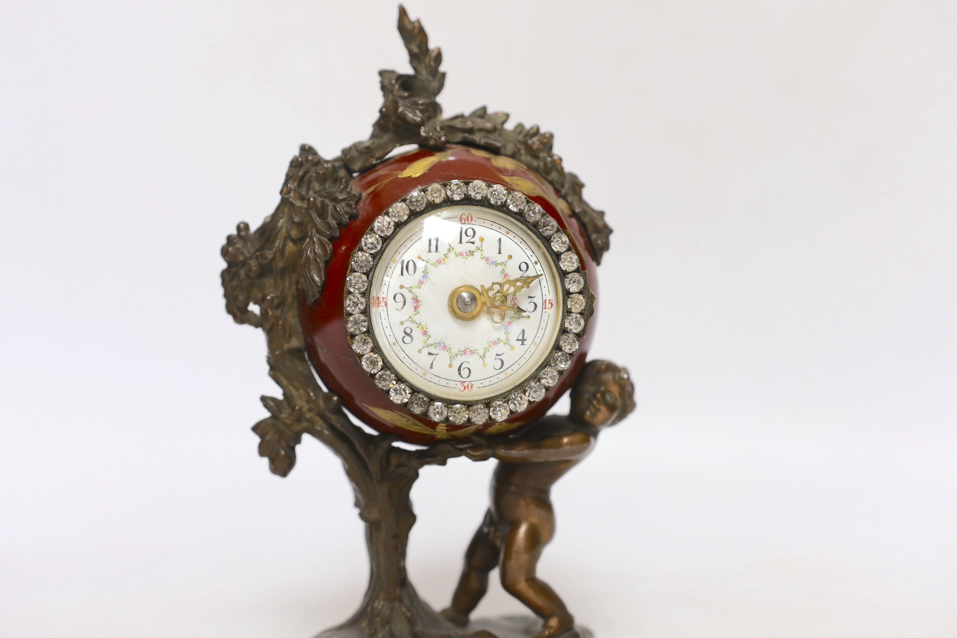 A late 19th century Louis XV style porcelain and gilt metal cased mantel clock, 18.5cm high